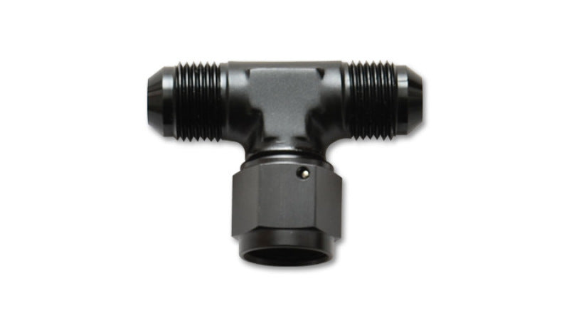 Vibrant -12AN Tee fitting with female -12AN swivel side, made of durable metal, showing detailed fitting connections and swivel joint.