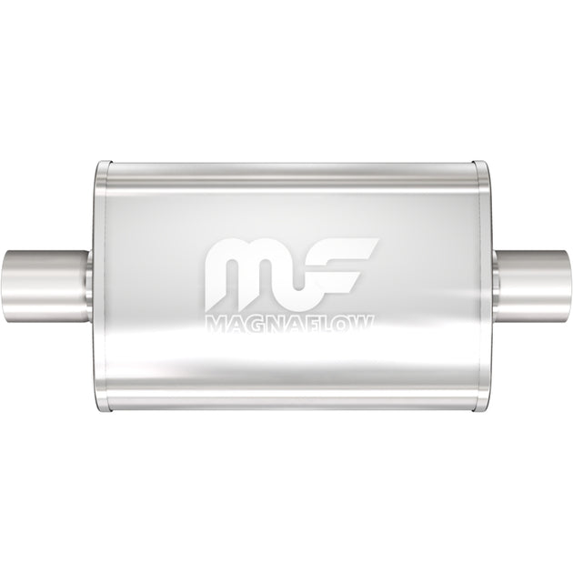MagnaFlow Mag SS muffler with 18x4x9 inch dimensions and 2.5-inch inlet and outlet pipes, shown from side angle.