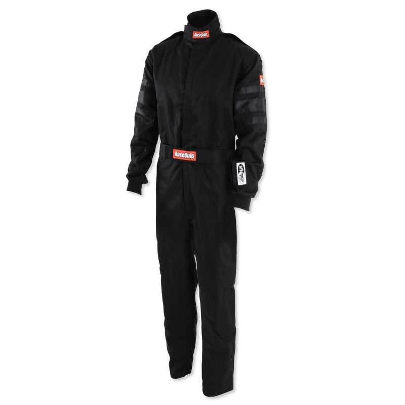 RaceQuip Black SFI-1 1-L racing suit in medium size, made of fire-resistant fabric, designed for motorsport safety and durability.