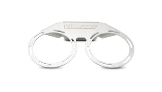 Vibrant dual catch can mount bracket for oil catch cans, showing sturdy metal construction and mounting points for automotive use.