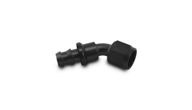 Vibrant Aluminum -10AN Push-On 45 Degree Hose End Fitting, black anodized, showcasing the angled fitting with smooth finish.
