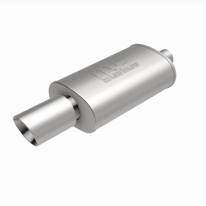 MagnaFlow stainless steel muffler with tip, 14x5x8 inches, featuring dual inlet and outlet pipes, for vehicle exhaust system.