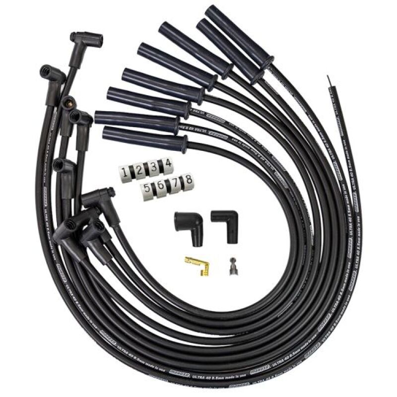 Moroso GM BBC 366-454 HEI-style spark plug wire set with black 8.5mm multi-angle wires for high-performance engines.