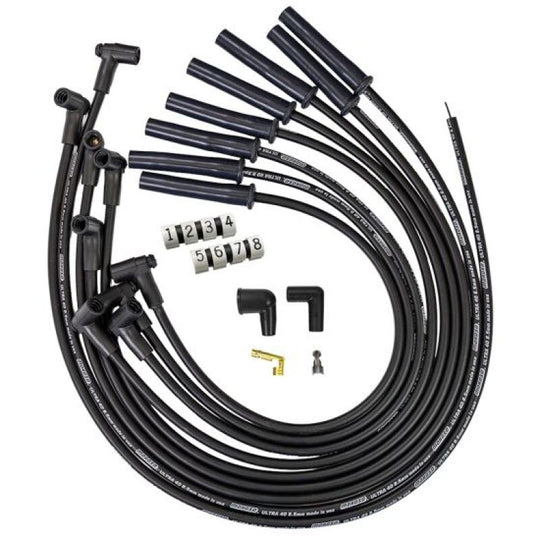 Moroso GM BBC 366-454 HEI-style spark plug wire set with black 8.5mm multi-angle wires for high-performance engines.