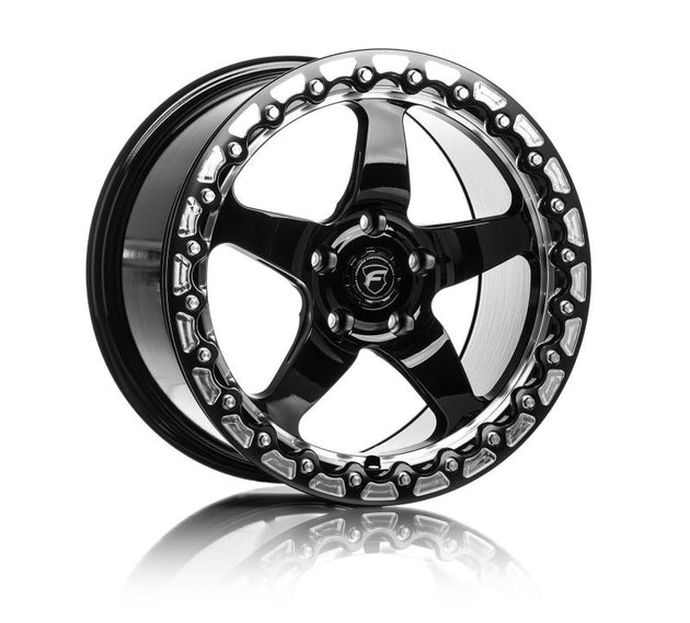 Forgestar D5 Beadlock 17x10 cast wheel in gloss black with 5x115 bolt pattern, ET00 offset, and 5.5-inch backspacing.