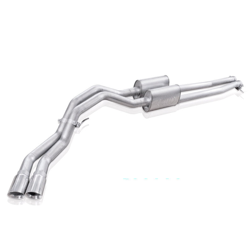 Stainless Works catback exhaust system for Chevy Silverado and GMC Sierra 2007-16 5.3L/6.2L, passenger rear tire exit.