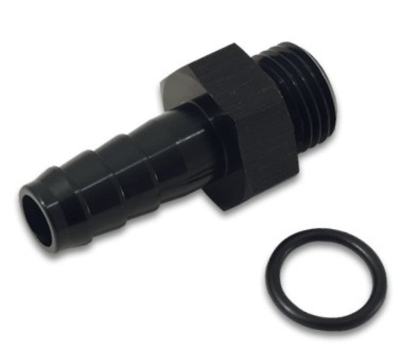 Vibrant aluminum male -6AN ORB fitting with 1/8 inch barb and O-ring, anodized black for durability and secure connection.