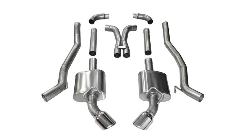 Polished CORSA Performance catback exhaust system for 2011-2015 Chevrolet Camaro SS 6.2L V8 manual, showing the shiny metal pipes.