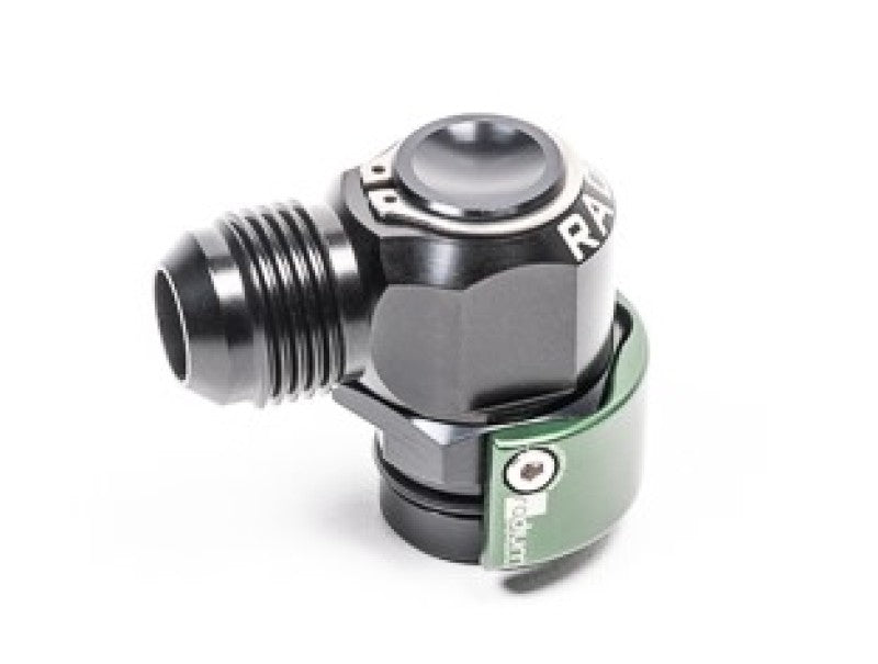 Radium Engineering Radium V2 Quick Connect fitting, 19mm male to 10AN male 90-degree connector for automotive fluid systems.