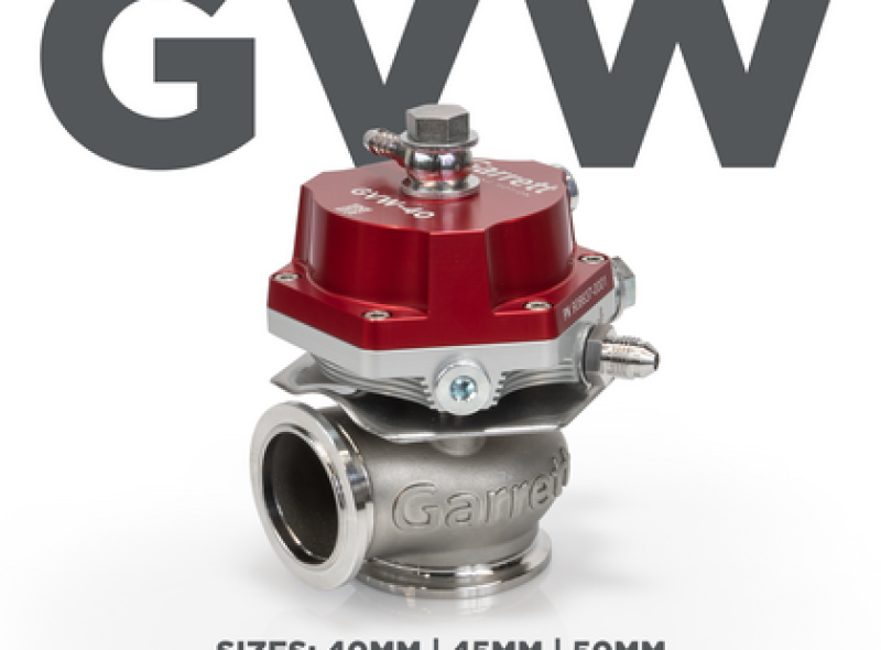 Garrett GVW-45 45mm Wastegate Kit in red, durable automotive wastegate with adjustable actuator for turbocharged engines.