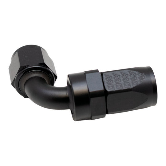 DeatschWerks 8AN female swivel 90-degree hose end fitting in anodized matte black, showcasing detailed design and smooth finish.