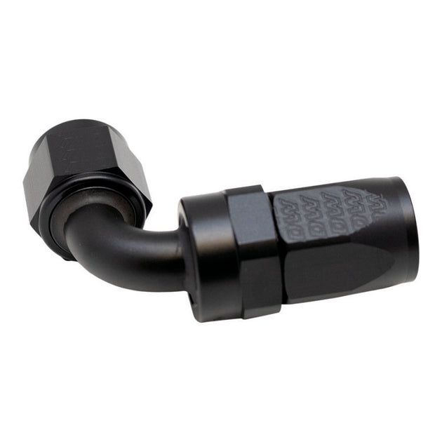 DeatschWerks 8AN female swivel 90-degree hose end fitting in anodized matte black, showcasing detailed design and smooth finish.