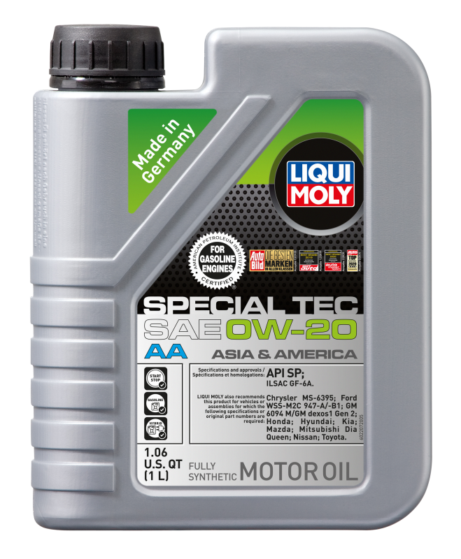 LIQUI MOLY 1L Special Tec AA 0W20 motor oil container showing the brand and product label for automotive engine lubrication.