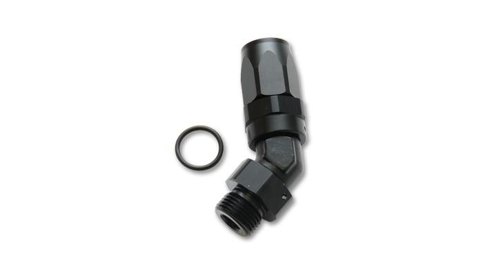 Vibrant Male -12AN 45 Degree Hose End Fitting with 1-1/6-12 thread, black anodized metal, designed for high-performance fluid connections.