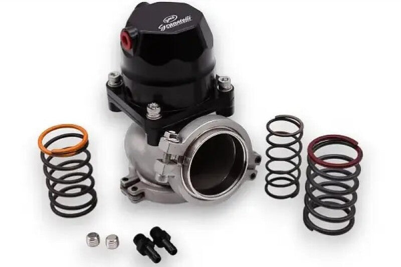 Granatelli Motor Sports 60mm traditional diaphragm water-cooled wastegate for turbocharged vehicles.