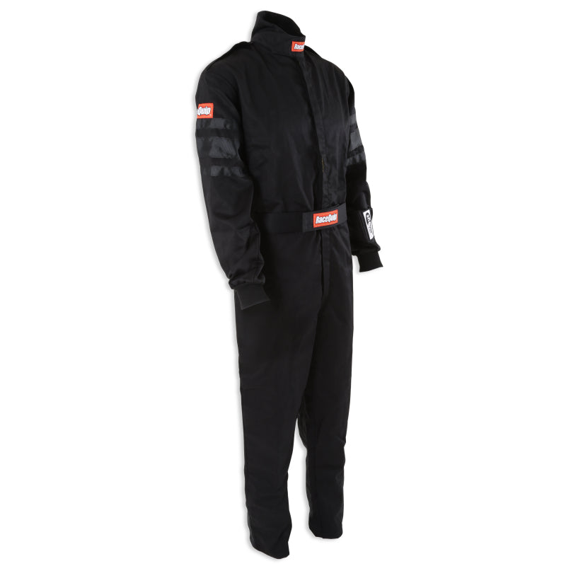 RaceQuip Black SFI-1 racing suit in medium size, made of durable fabric with racing suit design and logo visible.
