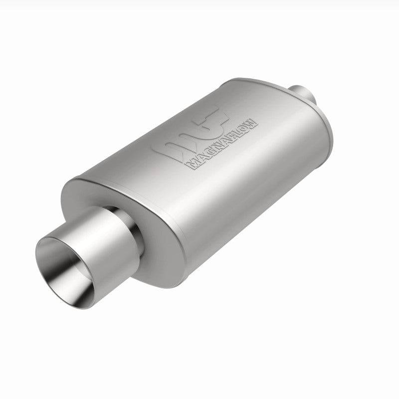 MagnaFlow stainless steel muffler with tip, 14x5x8 inches, featuring dual 2.25 and 4-inch exhaust outlets, automotive exhaust component