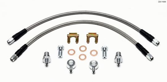 Wilwood rear Fiesta brake line kit with flexible stainless steel brake lines and fittings, designed for reliable brake performance.