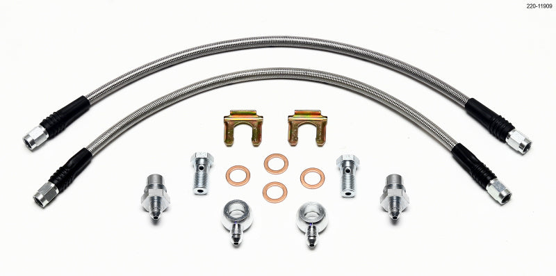 Wilwood rear Fiesta brake line kit with flexible stainless steel brake lines and fittings, designed for reliable brake performance.