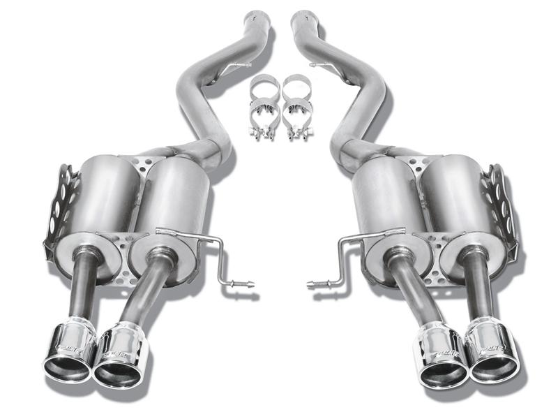 Borla axle back exhaust system for 2010 Camaro 6.2L V8, rear section with polished stainless steel pipes and muffler.