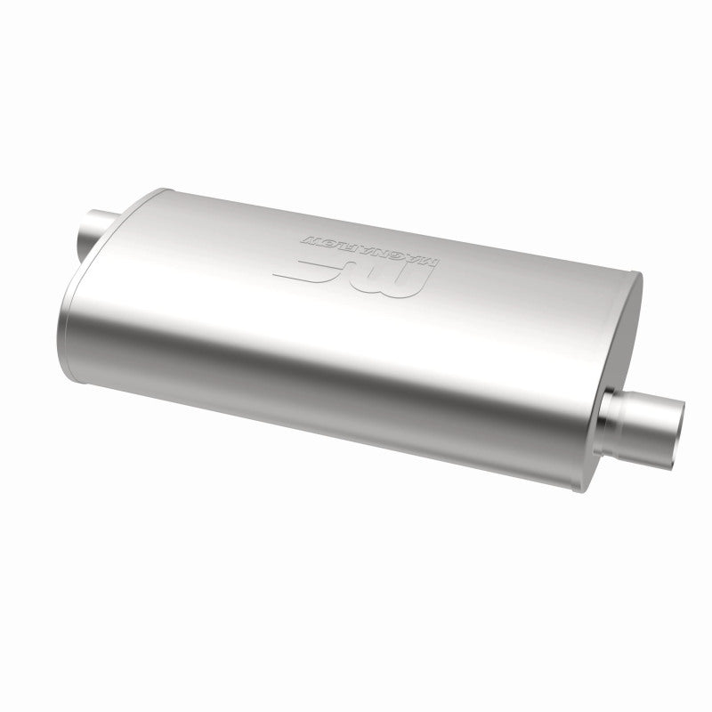 MagnaFlow Mag SS muffler with 22x5x11-inch dimensions, showcasing the stainless steel construction and inlet/outlet design.