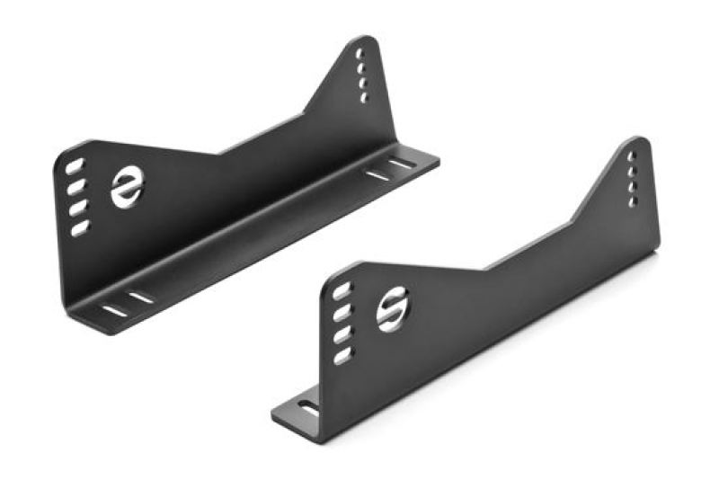 Black Sparco side mount aluminum seat brackets for racing seats, designed for secure installation and durability.