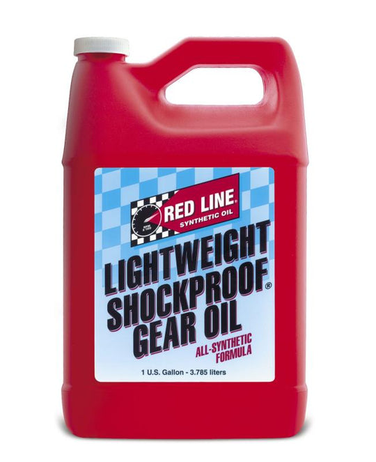 Red Line lightweight shockproof gear oil gallon, durable lubricant for gear systems, showing the container with red label and cap.