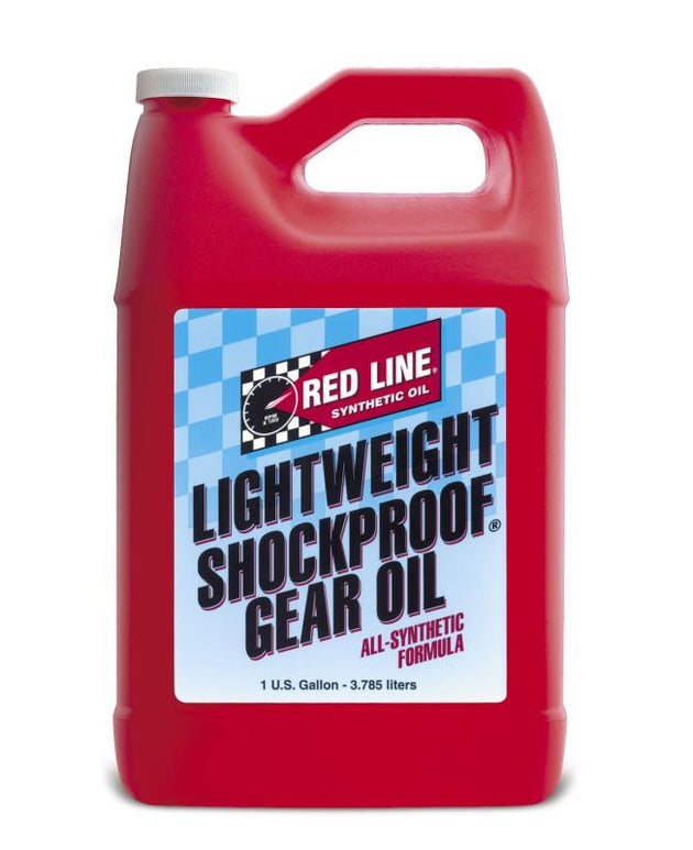 Red Line lightweight shockproof gear oil gallon, durable lubricant for gear systems, showing the container with red label and cap.