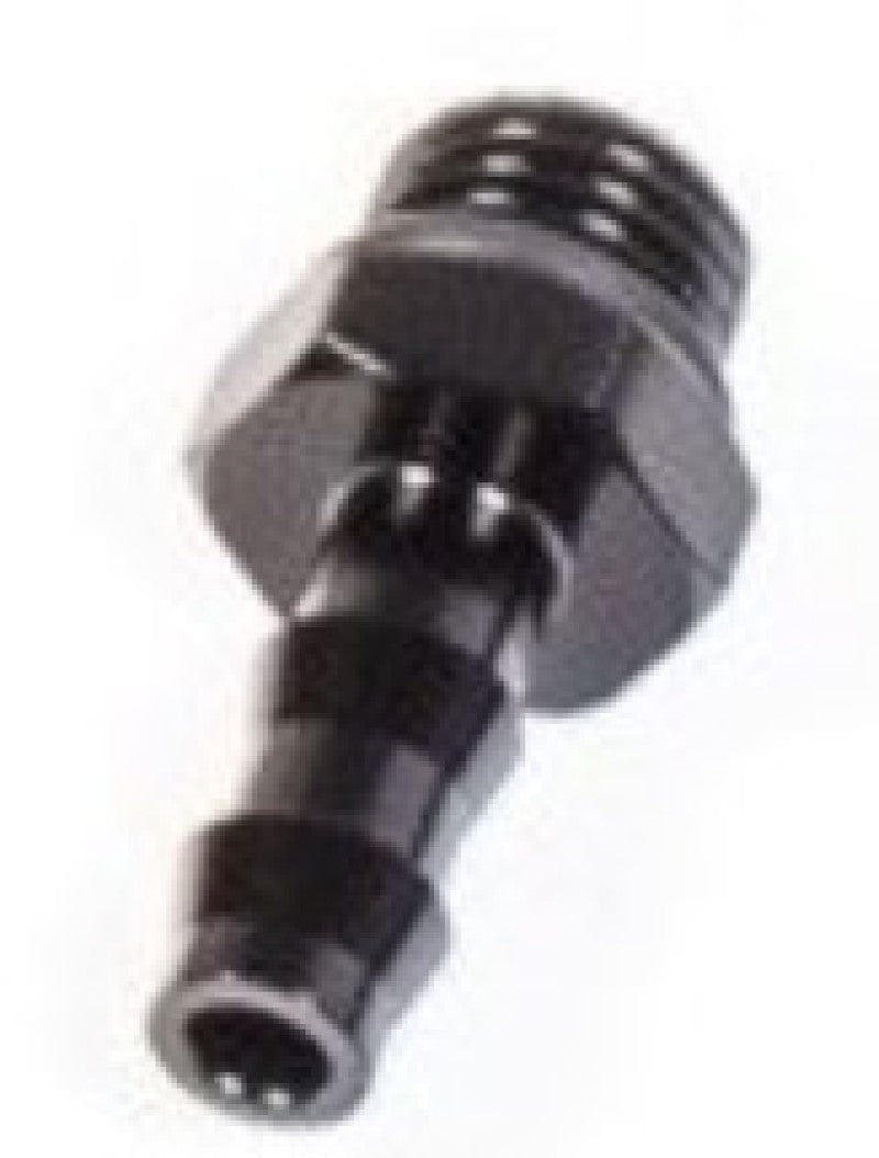 Radium Engineering 4AN ORB to 8mm barb fitting showing black anodized aluminum with threaded 4AN ORB connection and 8mm barbed end