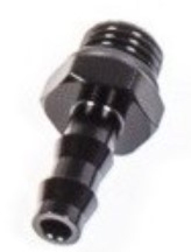 Radium Engineering 4AN ORB to 8mm barb fitting showing black anodized aluminum with threaded 4AN ORB connection and 8mm barbed end