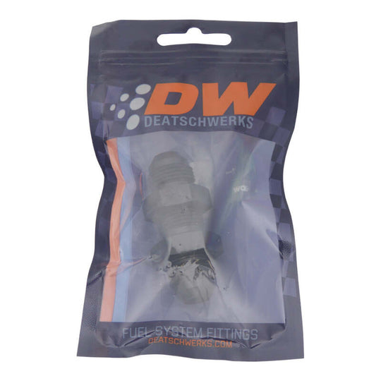 DeatschWerks 8AN male flare to 8AN male flare bulkhead adapter in anodized matte black with nut, fitting for fuel or oil lines.