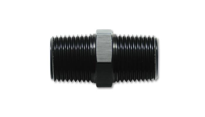 Vibrant aluminum 1/2-inch NPT straight union pipe adapter fitting showing threaded ends and smooth surface.