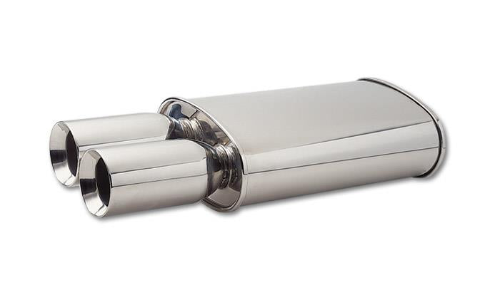 Vibrant StreetPower oval muffler with dual 3.5-inch round tips, straight cut beveled edge, 2.5-inch inlet I.D. in a sleek automotive design.