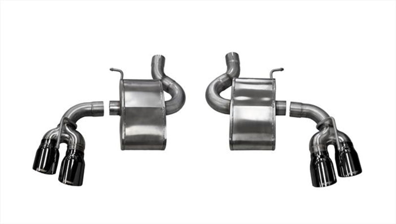 Black Corsa Performance axle-back exhaust for Chevrolet Camaro SS 2017-2024 with 6.2L V8 engine, showcasing the sleek muffler and piping design.