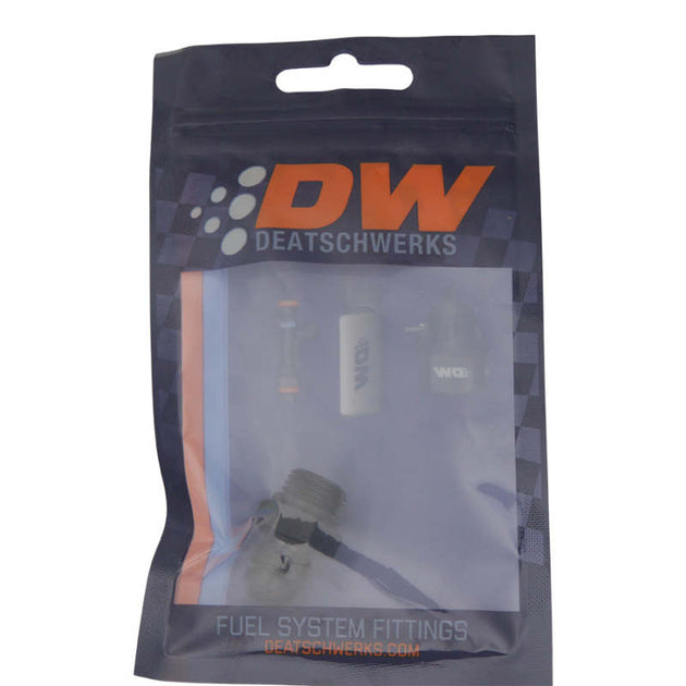 DeatschWerks matte black 6AN ORB male to 6AN male flare fitting with O-ring for fuel or oil lines.