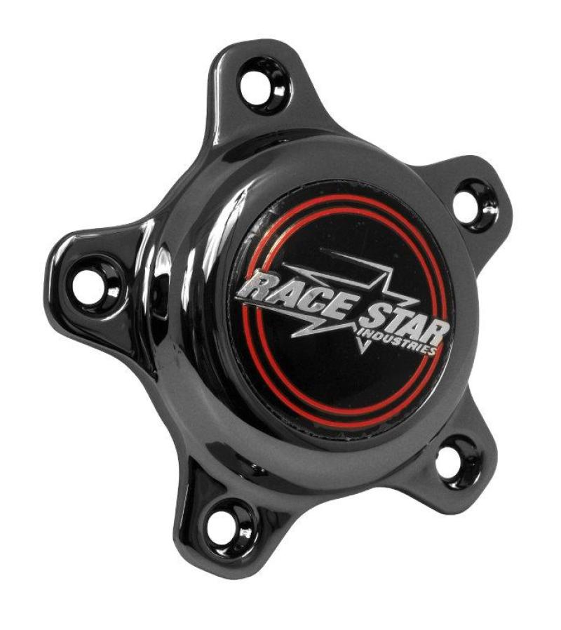 Race Star 5 lug cap with dark star design, medallion, and screws, made of plastic for vehicle wheel lug nuts.