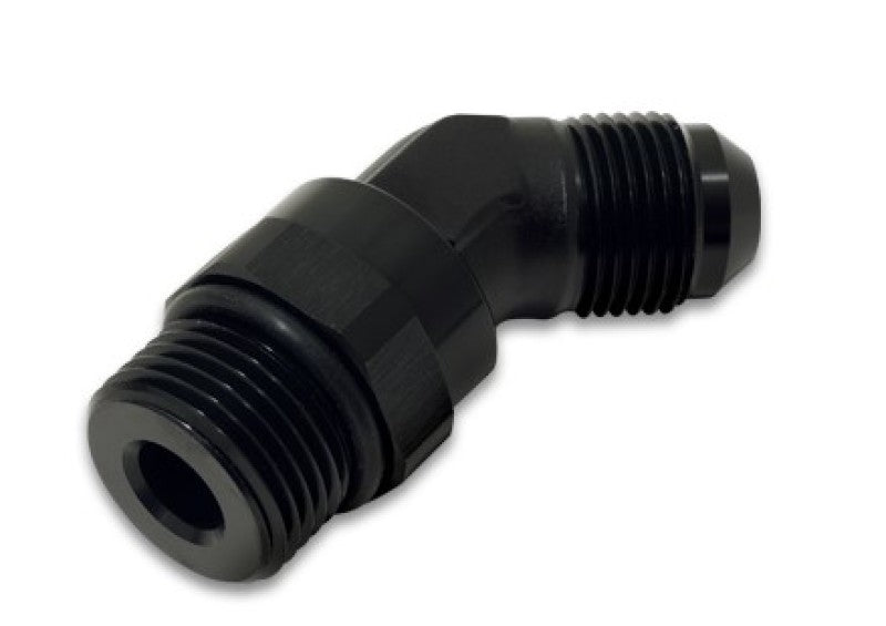Vibrant black -8AN male to male 45-degree straight adapter fitting showing polished anodized finish and precise threading.
