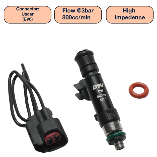 DeatschWerks universal 800cc single fuel injector with 60mm length and 14mm O-ring seals, designed for high-performance fuel delivery.