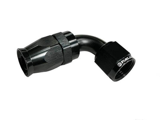 Fuelab 10AN PTFE swivel hose end fitting with 90-degree angle for fuel lines, showcasing durable metal construction and secure connection