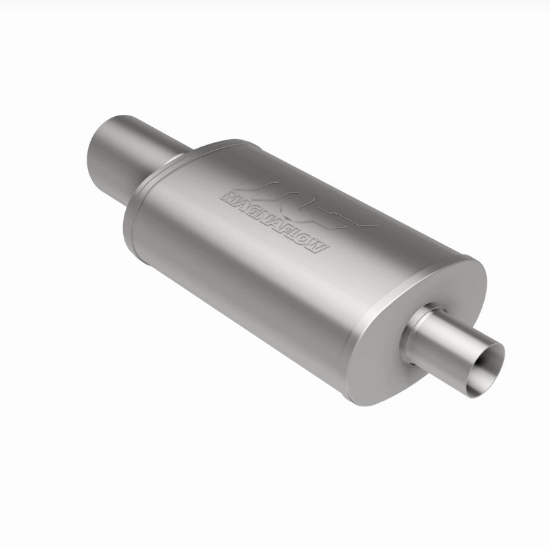 MagnaFlow stainless steel muffler with tip, 14x5x8 inches, featuring dual inlet and outlet pipes for automotive exhaust systems