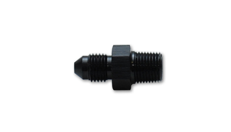 Vibrant aluminum -4 AN to 1/16 inch NPT straight adapter fitting showing smooth metallic finish and threaded ends.
