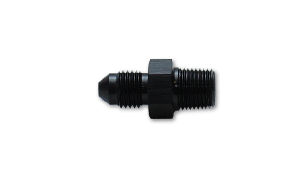 Vibrant aluminum -4 AN to 1/16 inch NPT straight adapter fitting showing smooth metallic finish and threaded ends.