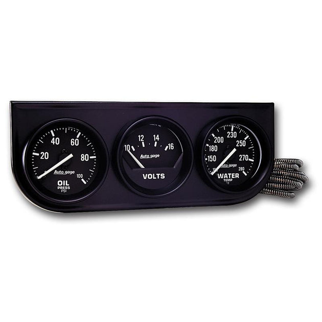 AutoMeter AutoGage 3-gauge console with 52.4mm oil pressure, voltage, and water temperature gauges in black with white dials