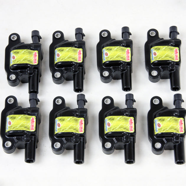 Set of 8 Granatelli Motor Sports LS1-LS9 ignition coils in black for GM LS engine upgrades, high-performance automotive parts.