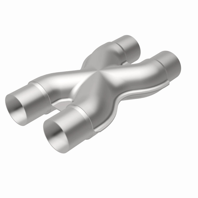 MagnaFlow Smooth Trans X 2.25/2.25 stainless steel X pipe for exhaust systems, showing the polished welded metal construction.