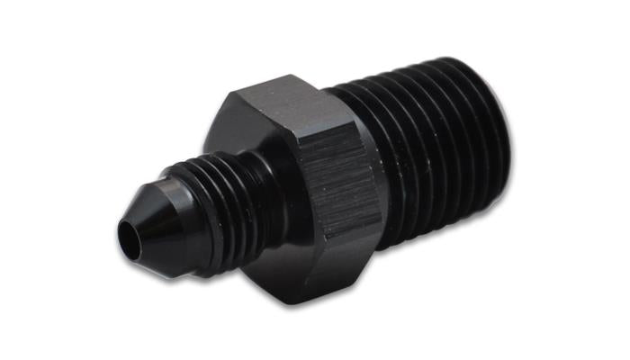 Vibrant aluminum -4AN to 1/8 inch NPT straight adapter fitting for hydraulic or fluid connections, shown in close-up.