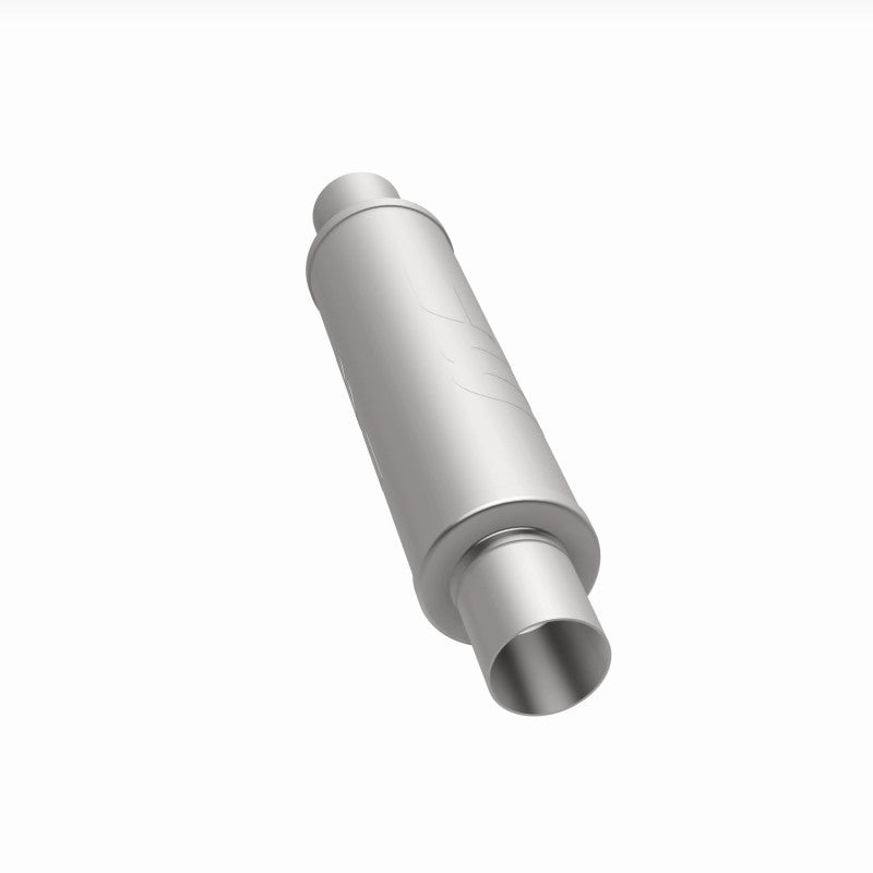 MagnaFlow Mag SS muffler with 14x4x4 inch size and 2.5x2.5 inch inlet/outlet pipes, showing the stainless steel construction.