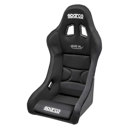Black Sparco Seat Evo XL QRT X race seat with racing harness slots and supportive design for motorsport driving.