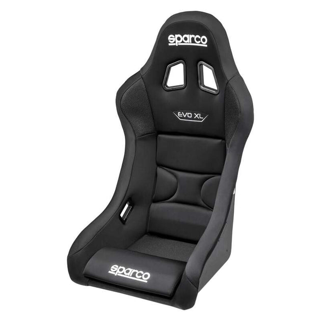 Black Sparco Seat Evo XL QRT X race seat with racing harness slots and supportive design for motorsport driving.