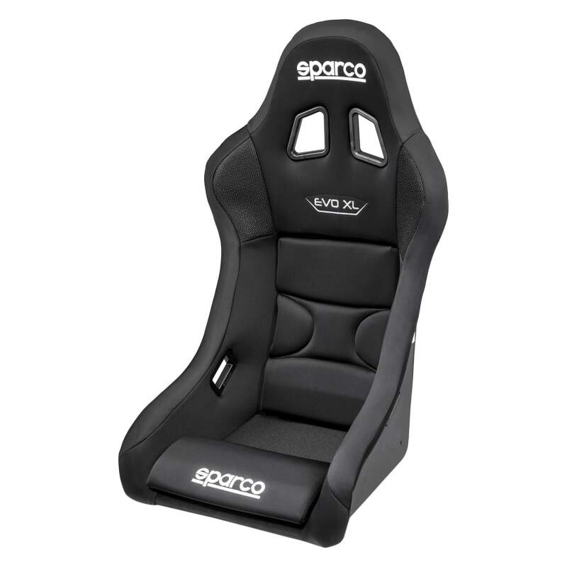Black Sparco Seat Evo XL QRT X race seat with racing harness slots and supportive design for motorsport driving.
